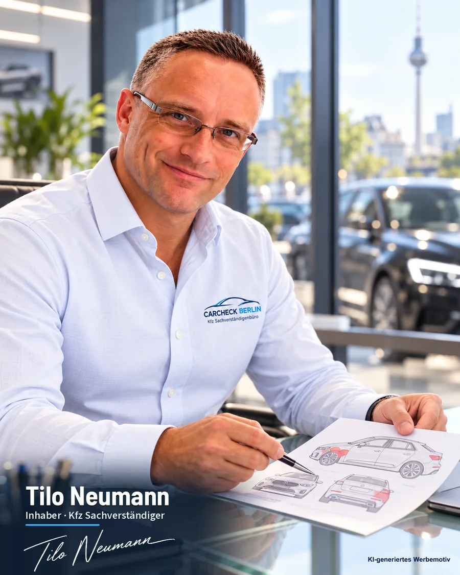 Kfz-Gutachter Tilo Neumann, Inhaber von CARCHECK Berlin, am Schreibtisch mit einer Schadenskizze, im Hintergrund der Berliner Fernsehturm (KI-generiertes Werbemotiv)