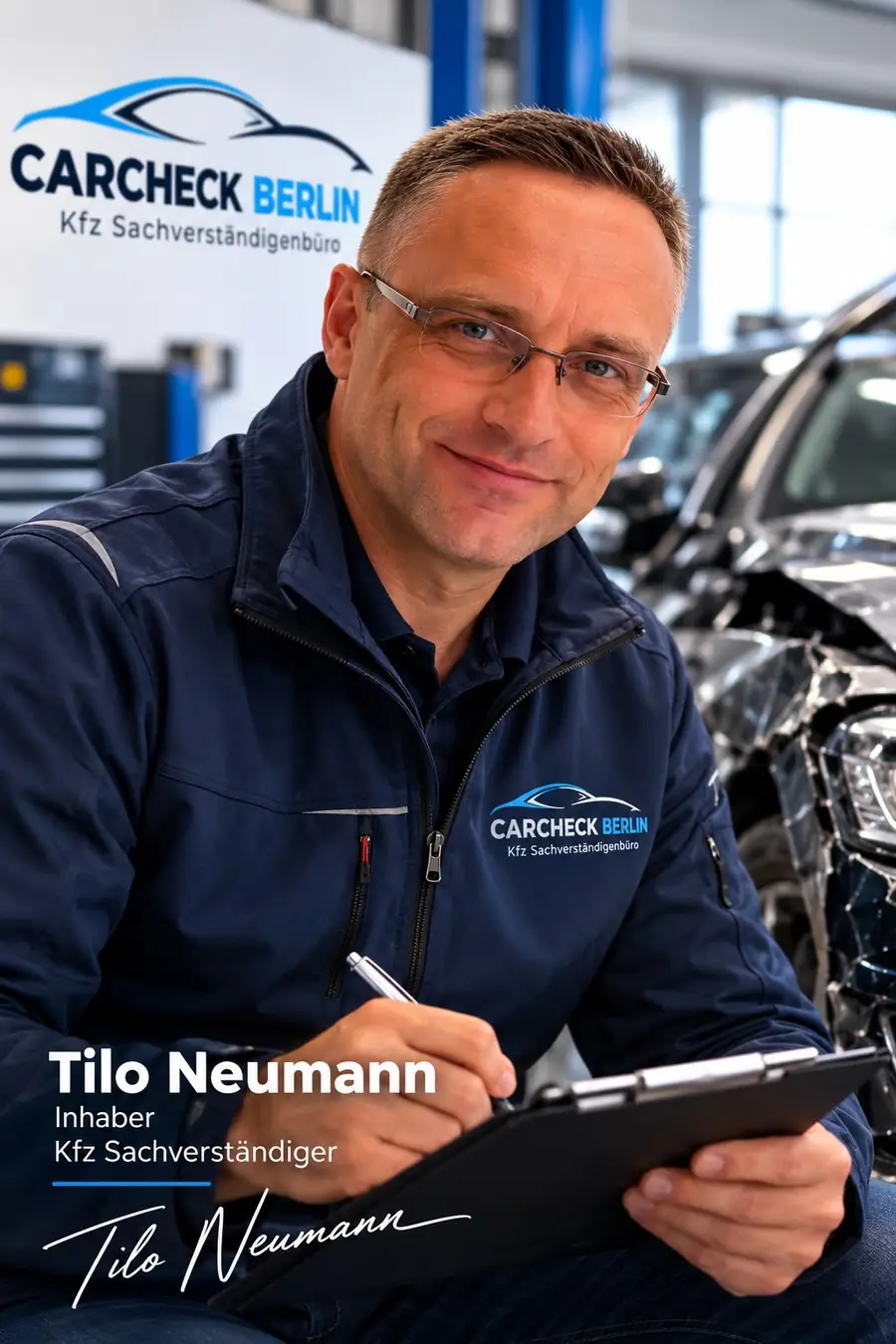 Kfz-Gutachter Tilo Neumann von CARCHECK Berlin, im Hintergrund ein Auto mit Frontschaden